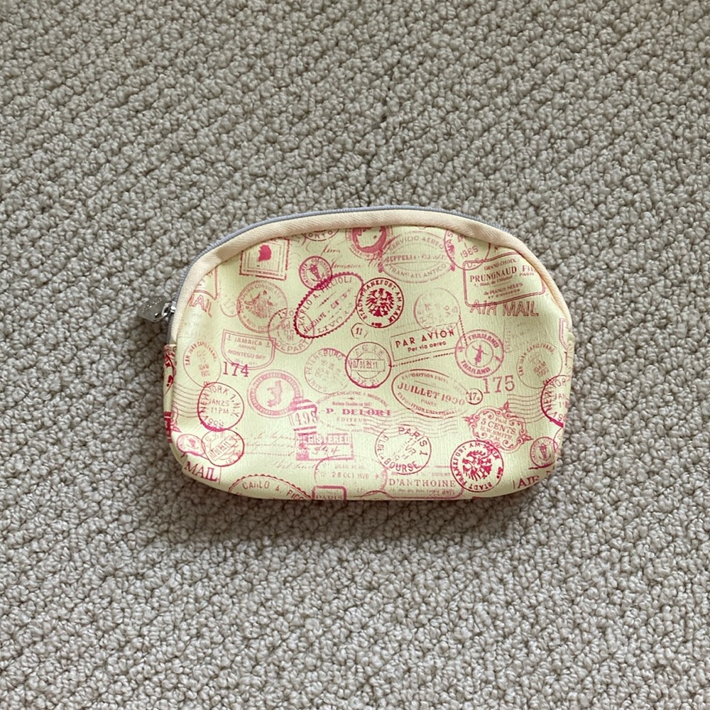 Ipsy Cosmetic Case Passport Stamps Bag Yellow Orange  5” x 7” Like New